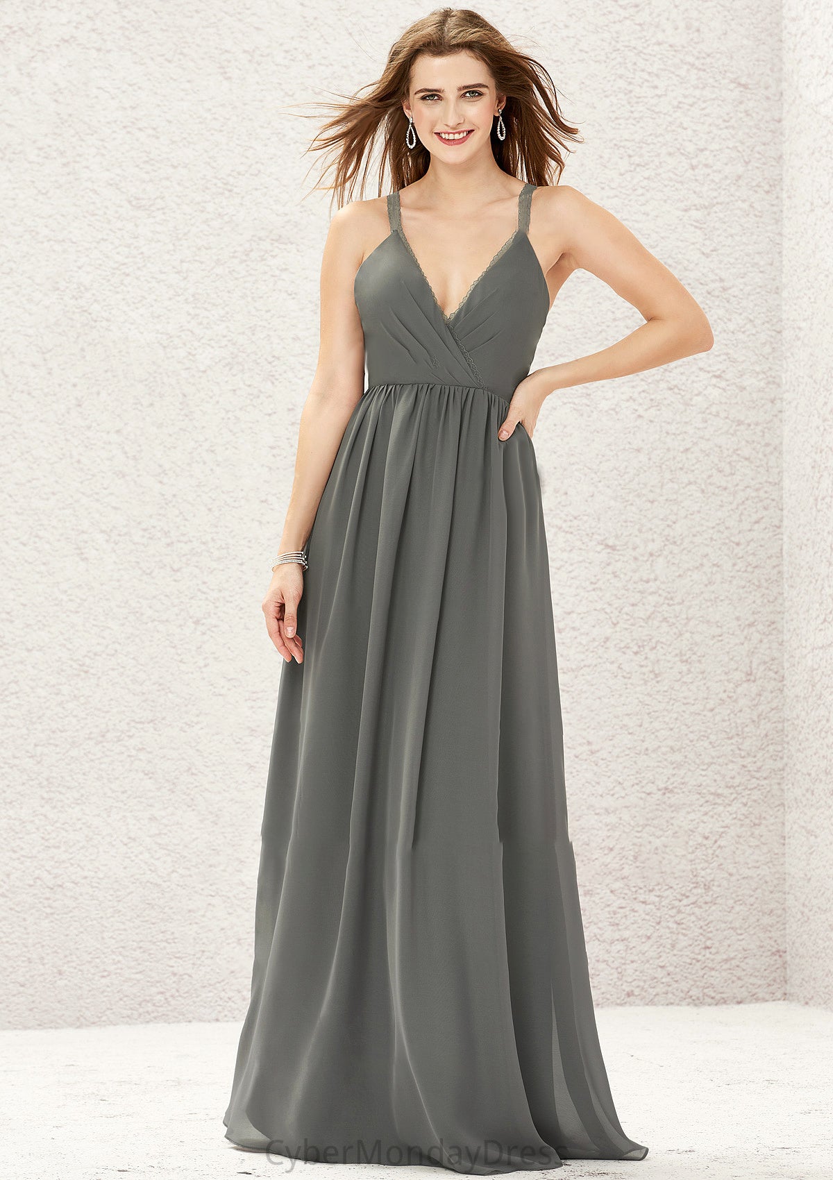 A-line V Neck Sleeveless Chiffon Long/Floor-Length Bridesmaid Dresses With Pleated Lace Patsy DTP0025367