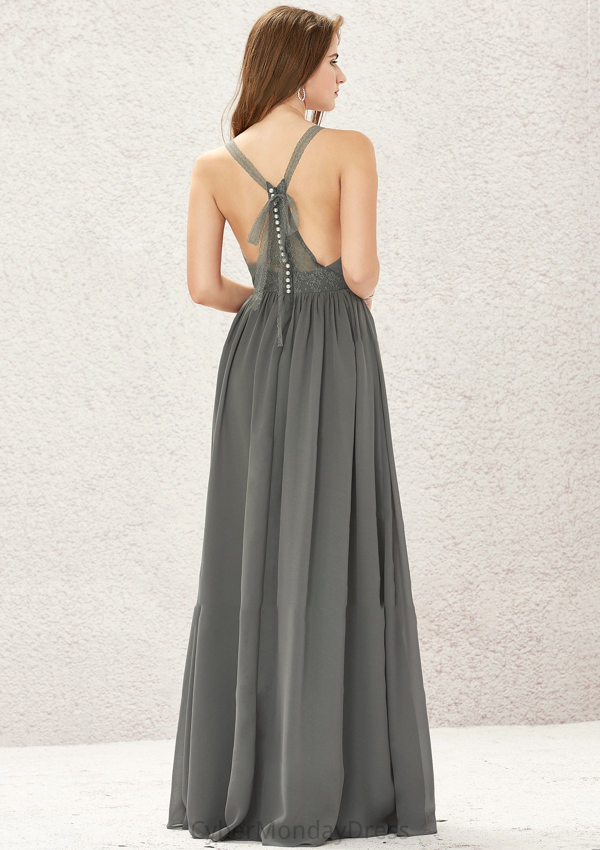 A-line V Neck Sleeveless Chiffon Long/Floor-Length Bridesmaid Dresses With Pleated Lace Patsy DTP0025367