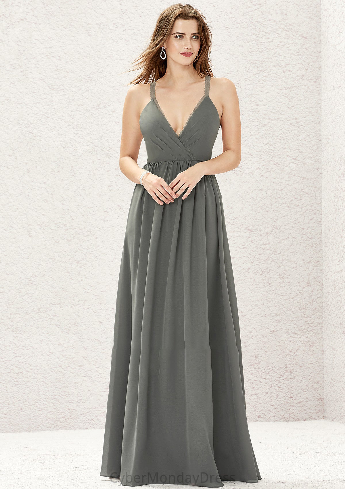 A-line V Neck Sleeveless Chiffon Long/Floor-Length Bridesmaid Dresses With Pleated Lace Patsy DTP0025367