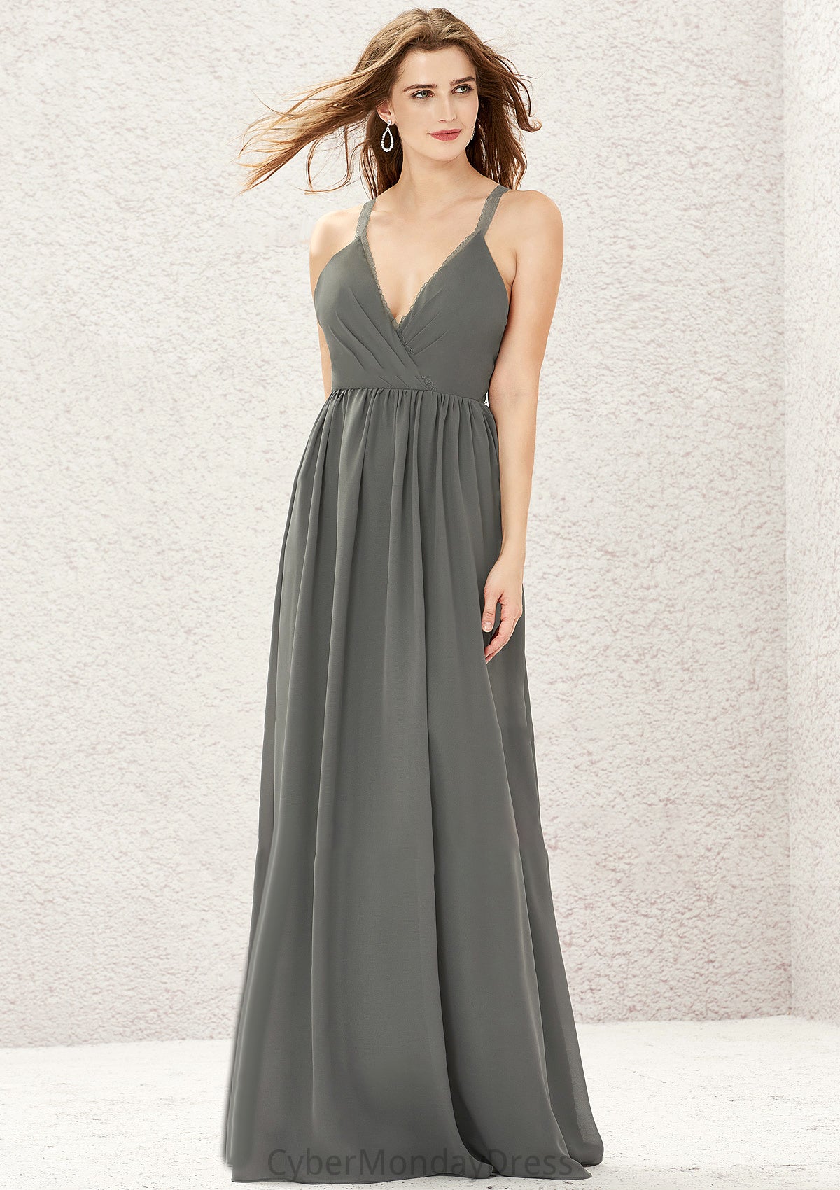 A-line V Neck Sleeveless Chiffon Long/Floor-Length Bridesmaid Dresses With Pleated Lace Patsy DTP0025367