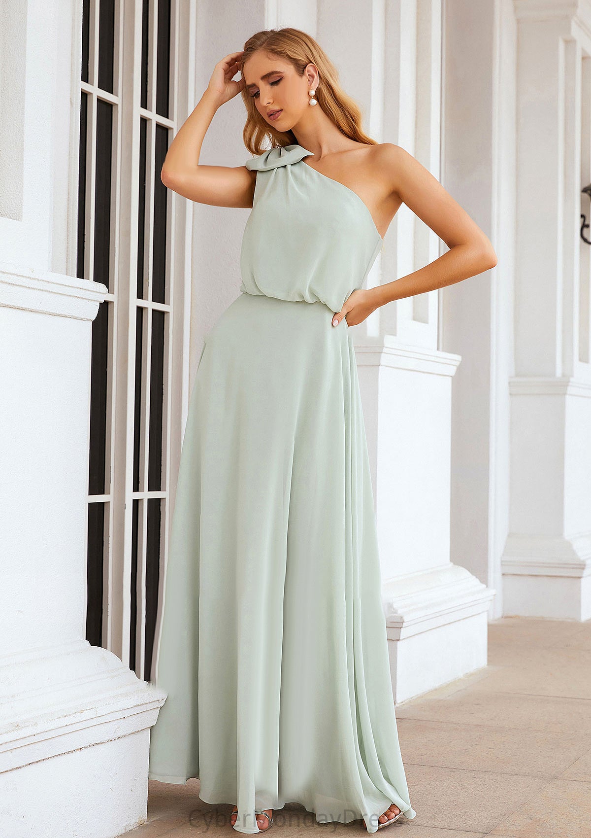 A-line One-Shoulder Sleeveless Long/Floor-Length Chiffon Bridesmaid Dresses With Shoulder Flower Cailyn DTP0025369