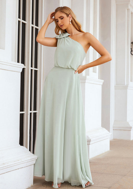 A-line One-Shoulder Sleeveless Long/Floor-Length Chiffon Bridesmaid Dresses With Shoulder Flower Cailyn DTP0025369