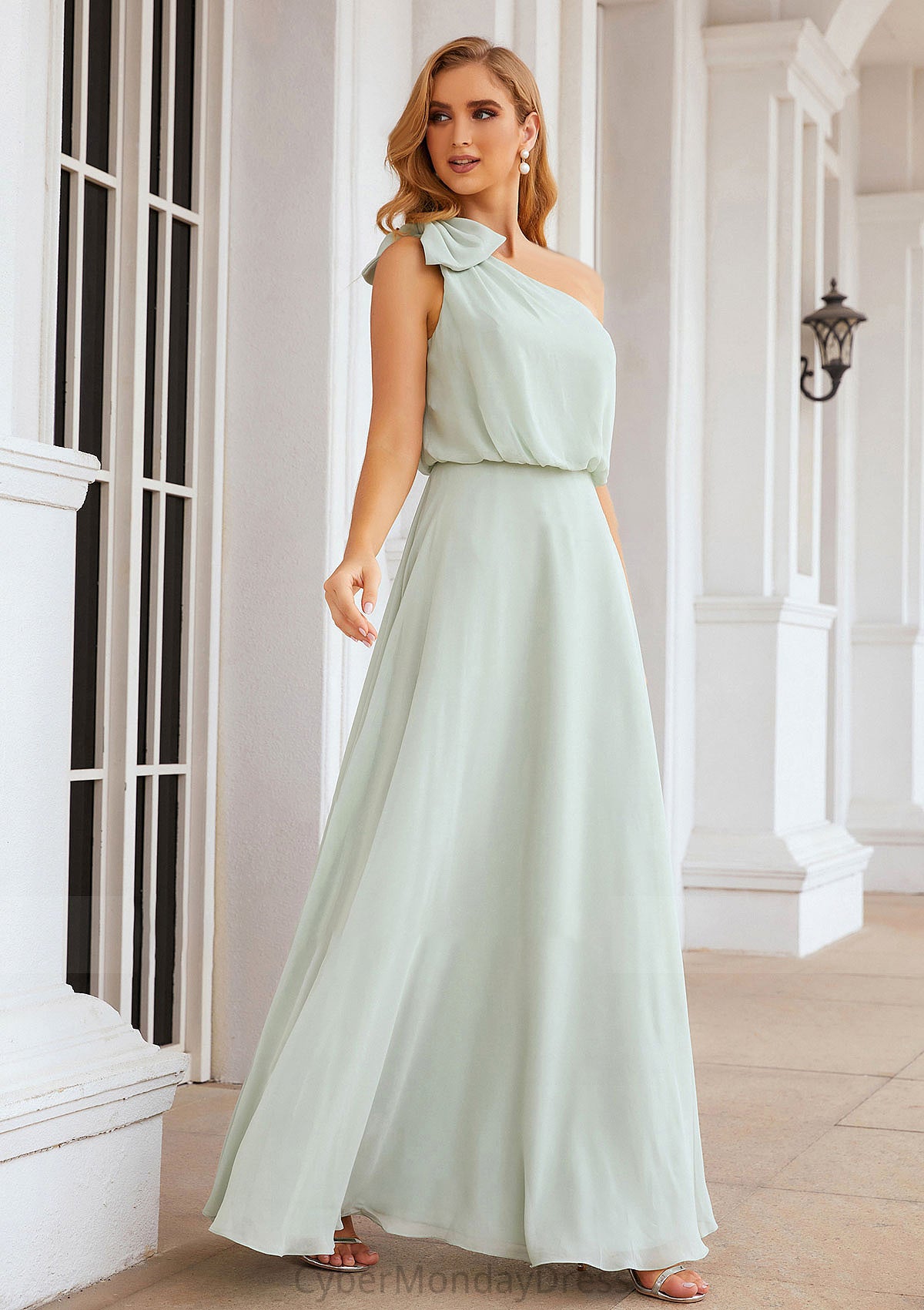 A-line One-Shoulder Sleeveless Long/Floor-Length Chiffon Bridesmaid Dresses With Shoulder Flower Cailyn DTP0025369