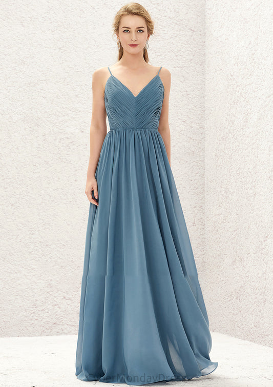 A-line V Neck Sleeveless Chiffon Long/Floor-Length Bridesmaid Dresses With Pleated Miracle DTP0025370