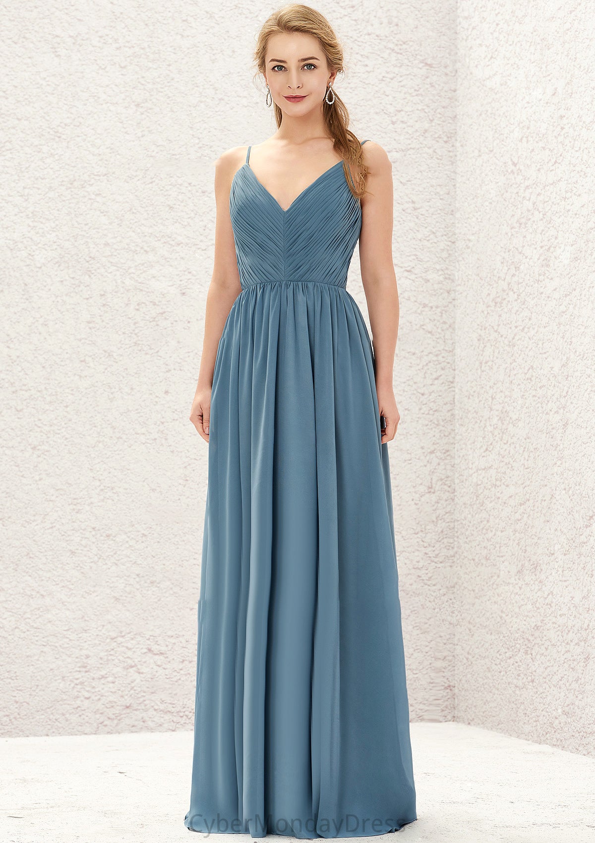 A-line V Neck Sleeveless Chiffon Long/Floor-Length Bridesmaid Dresses With Pleated Miracle DTP0025370