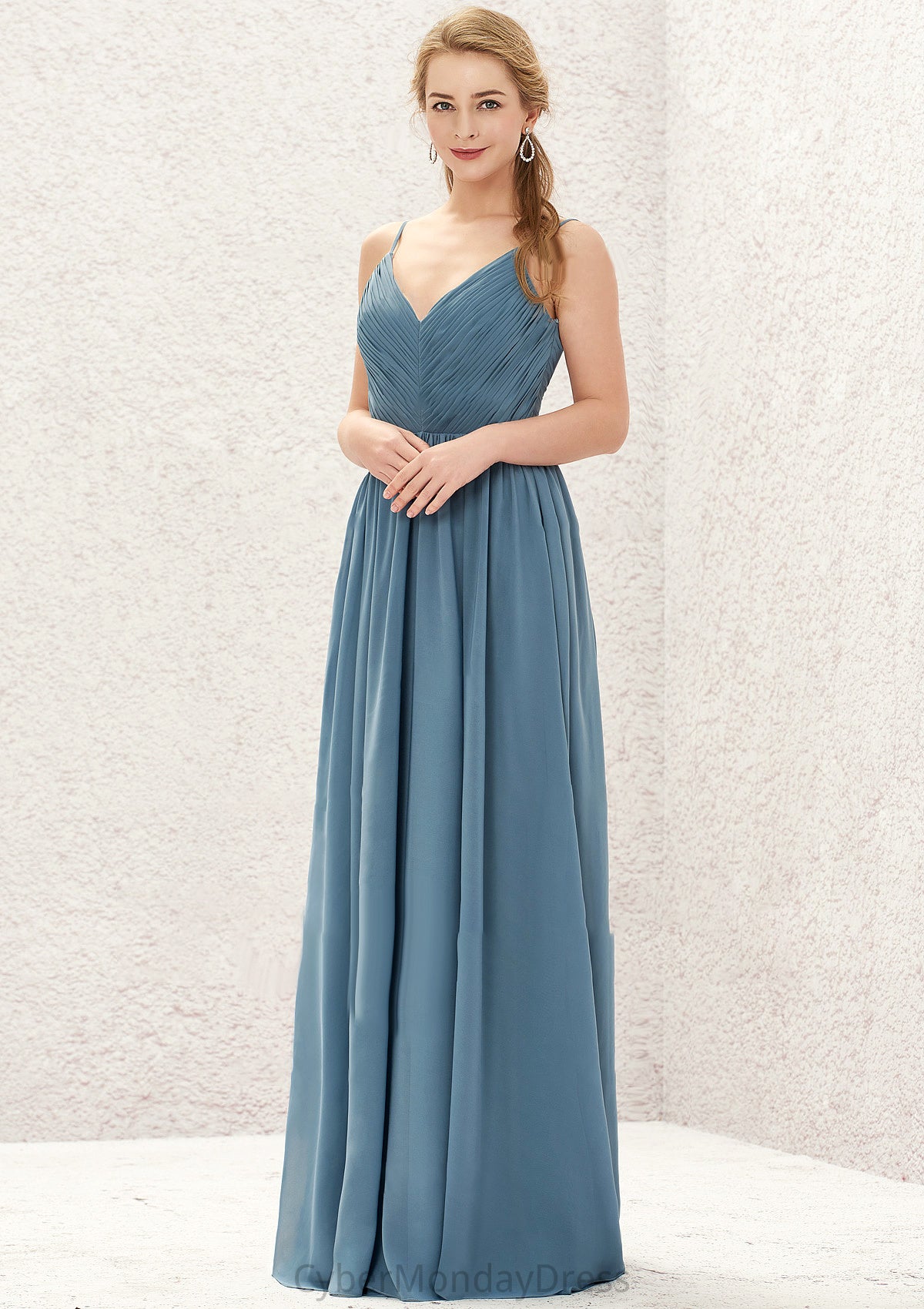 A-line V Neck Sleeveless Chiffon Long/Floor-Length Bridesmaid Dresses With Pleated Miracle DTP0025370