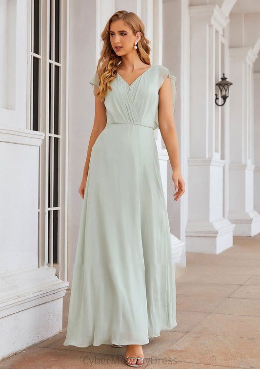 A-line V Neck Sleeveless Long/Floor-Length Chiffon Bridesmaid Dresses With Pleated Split Gabrielle DTP0025372