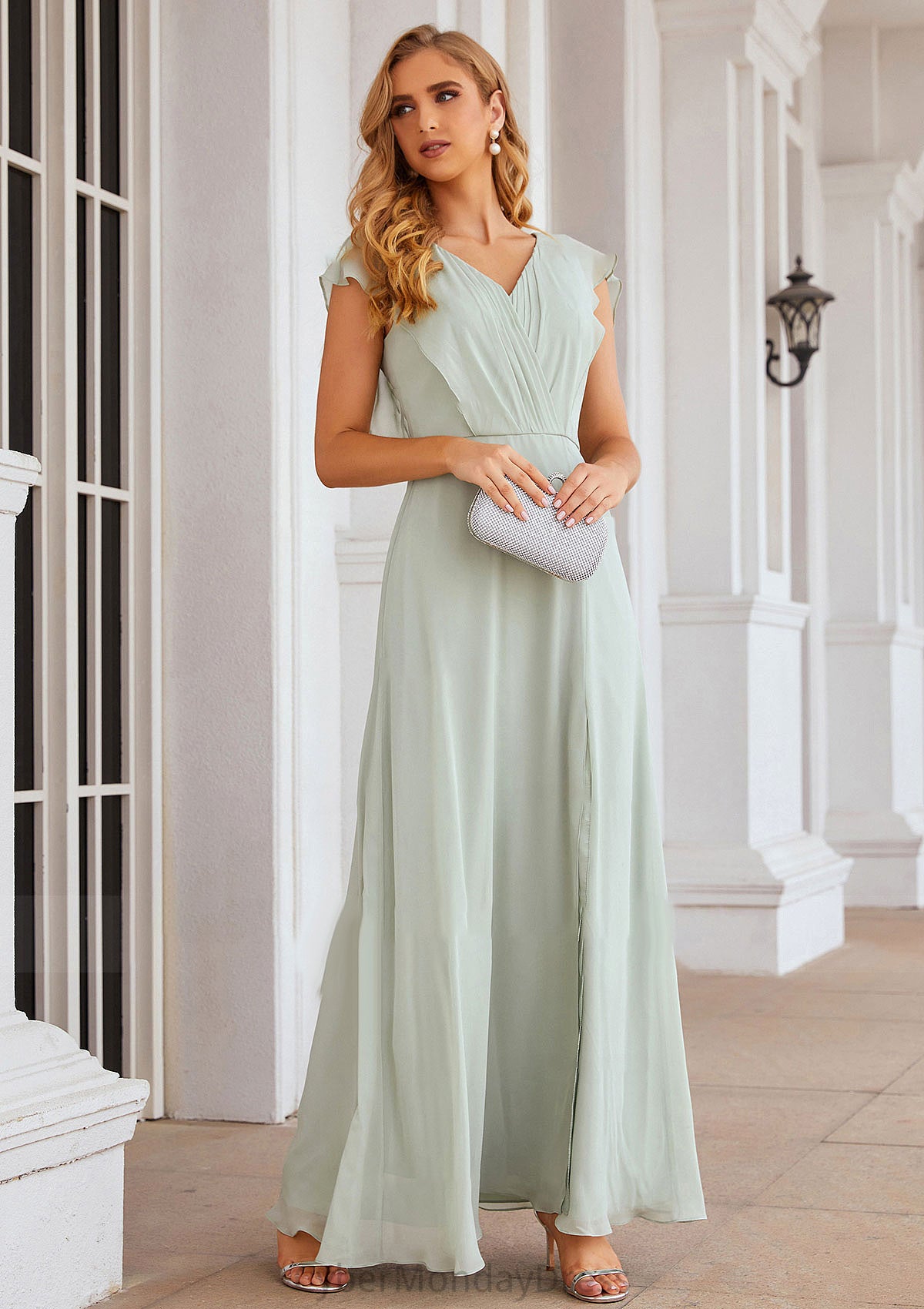 A-line V Neck Sleeveless Long/Floor-Length Chiffon Bridesmaid Dresses With Pleated Split Gabrielle DTP0025372