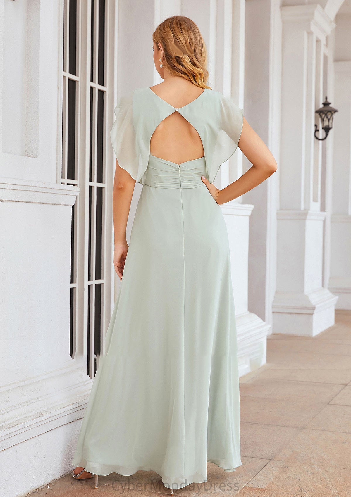 A-line V Neck Sleeveless Long/Floor-Length Chiffon Bridesmaid Dresses With Pleated Split Gabrielle DTP0025372