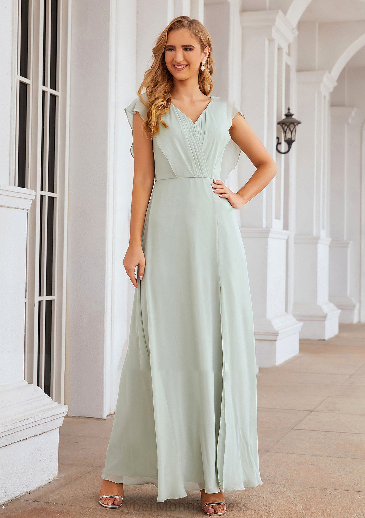 A-line V Neck Sleeveless Long/Floor-Length Chiffon Bridesmaid Dresses With Pleated Split Gabrielle DTP0025372