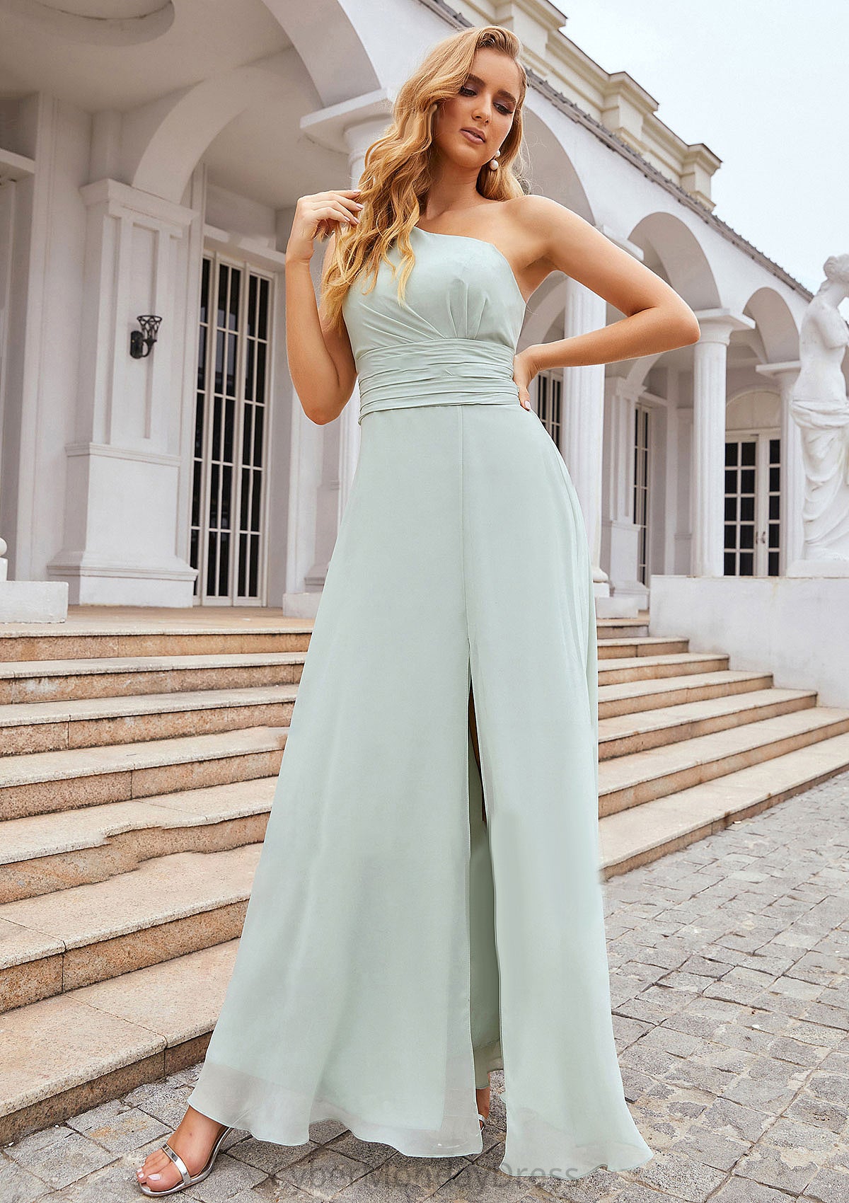 Sheath/Column One-Shoulder Sleeveless Long Chiffon Bridesmaid Dresseses With Pleated Waistband Split Isla DTP0025373