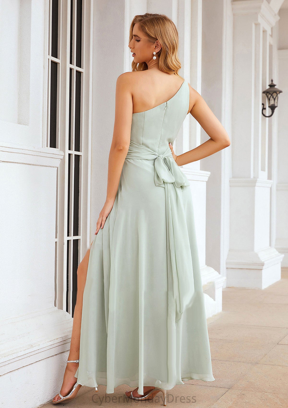 Sheath/Column One-Shoulder Sleeveless Long Chiffon Bridesmaid Dresseses With Pleated Waistband Split Isla DTP0025373