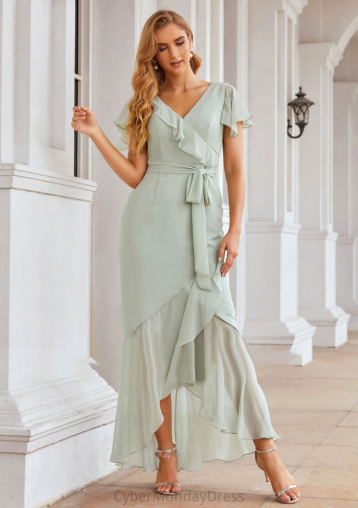 Sheath/Column V Neck Short Sleeve Asymmetrical Chiffon Bridesmaid Dresses With Ruffles Waistband Split Jolie DTP0025375