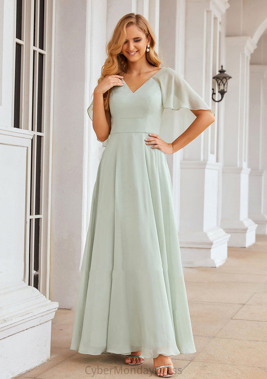 A-line V Neck Short Sleeve Long/Floor-Length Chiffon Bridesmaid Dresses Catherine DTP0025376