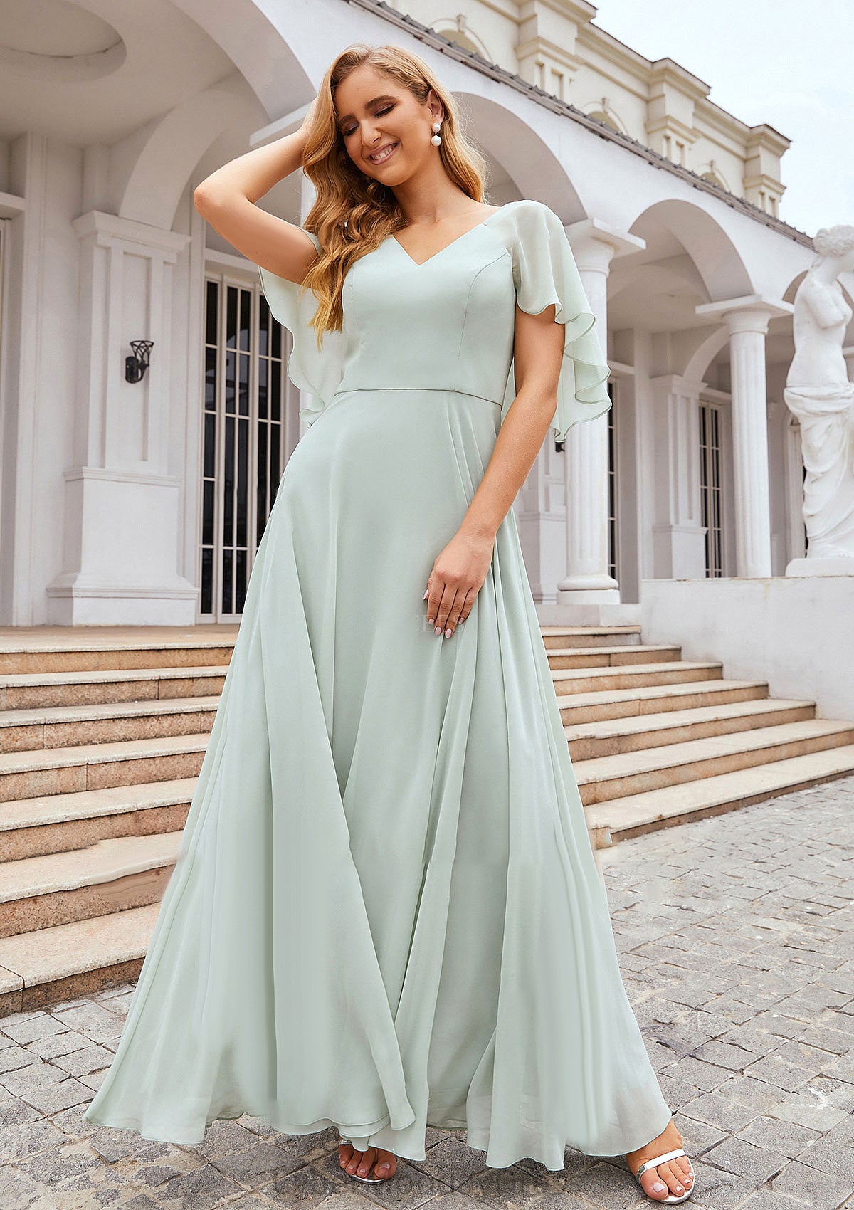 A-line V Neck Short Sleeve Long/Floor-Length Chiffon Bridesmaid Dresses Catherine DTP0025376