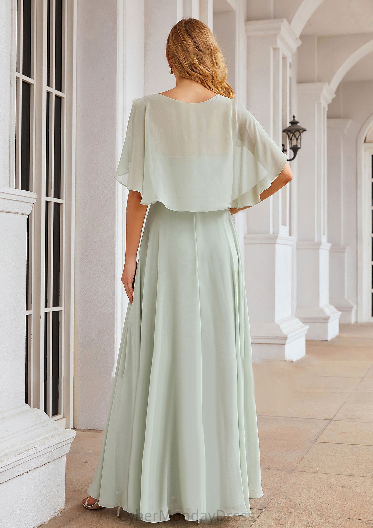 A-line V Neck Short Sleeve Long/Floor-Length Chiffon Bridesmaid Dresses Catherine DTP0025376