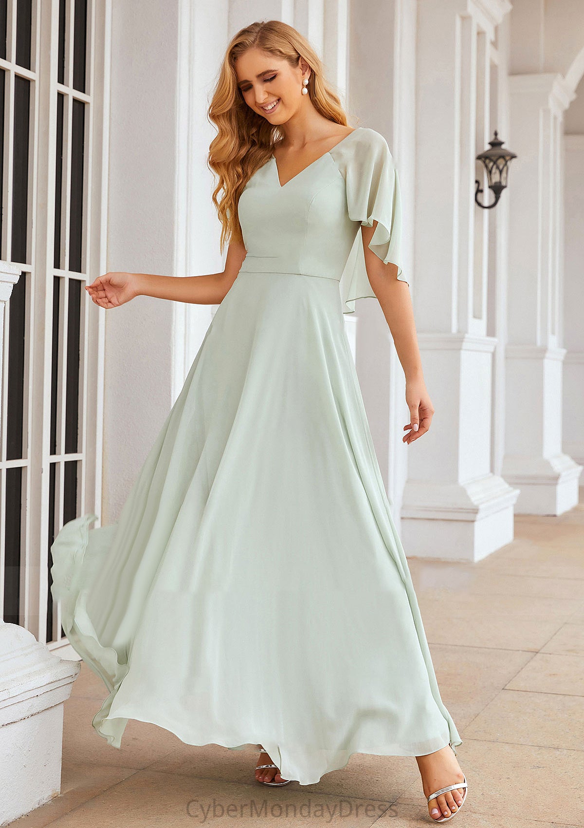 A-line V Neck Short Sleeve Long/Floor-Length Chiffon Bridesmaid Dresses Catherine DTP0025376