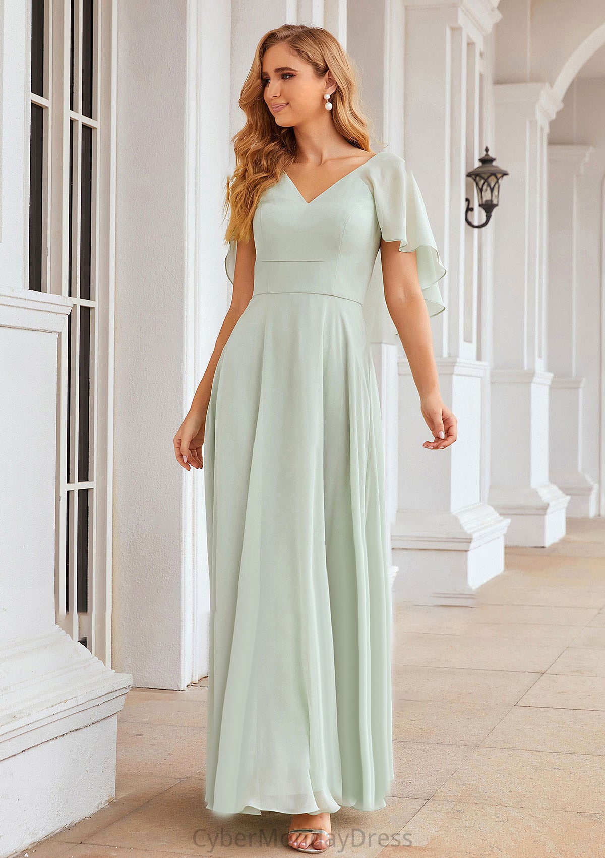 A-line V Neck Short Sleeve Long/Floor-Length Chiffon Bridesmaid Dresses Catherine DTP0025376