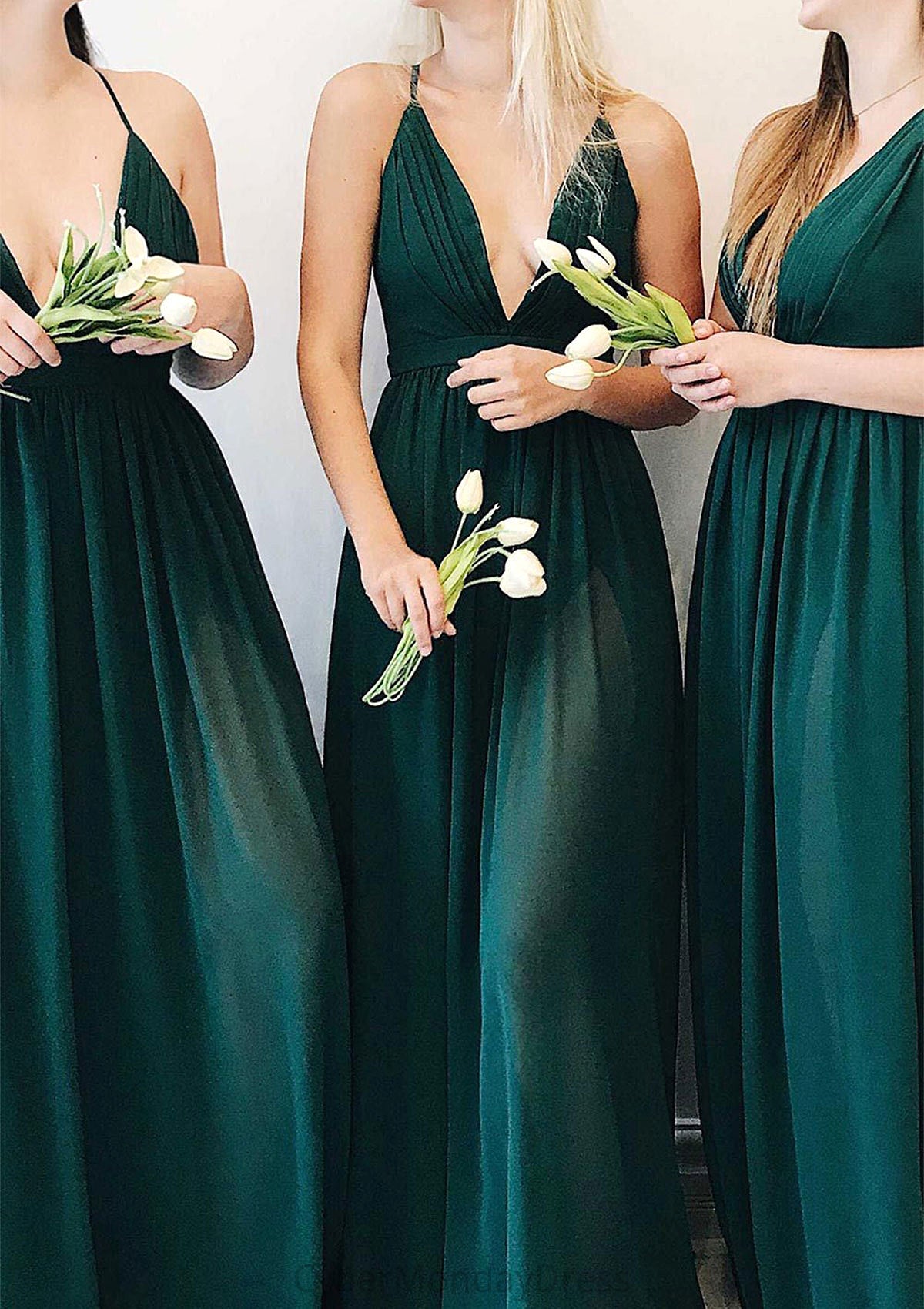 A-line V Neck Sleeveless Long/Floor-Length Chiffon Bridesmaid Dresses With Pleated Anahi DTP0025377