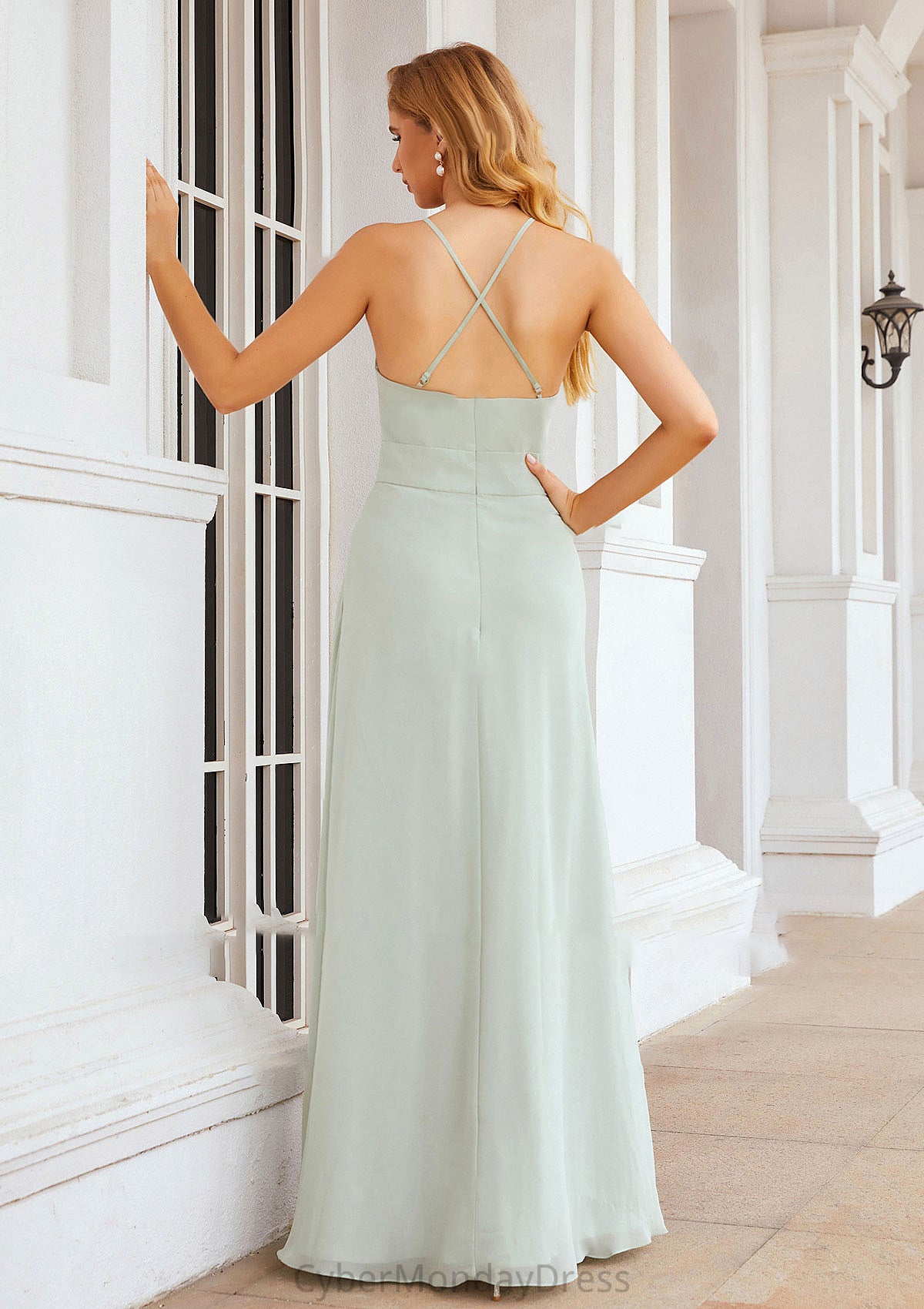 A-line Scoop Neck Sleeveless Long/Floor-Length Chiffon Bridesmaid Dresses With Pleated Pockets Gloria DTP0025378