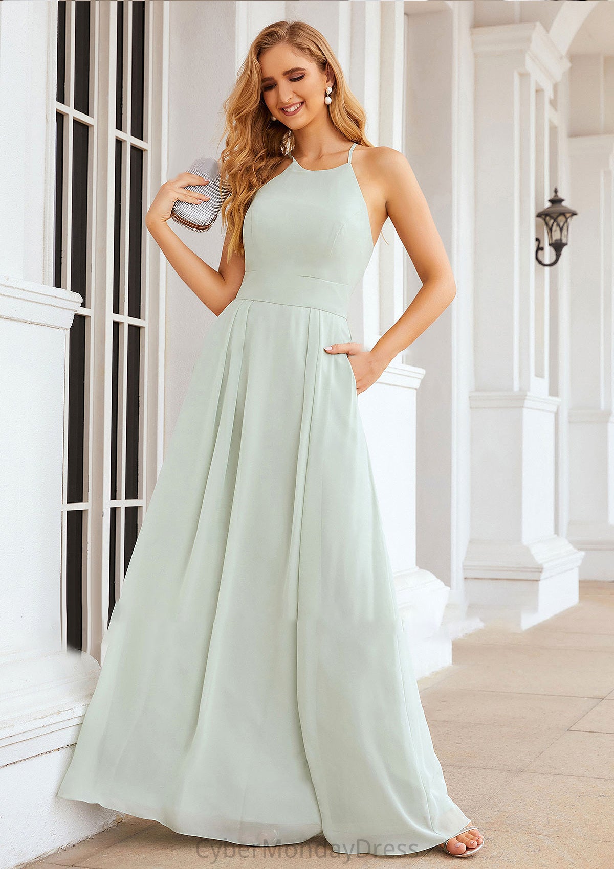 A-line Scoop Neck Sleeveless Long/Floor-Length Chiffon Bridesmaid Dresses With Pleated Pockets Gloria DTP0025378