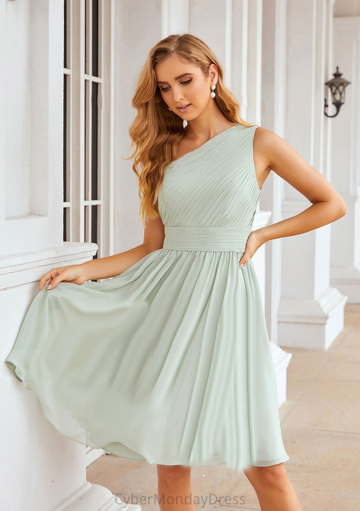 A-line One-Shoulder Sleeveless Chiffon Knee-Length Bridesmaid Dresses With Pleated Hedda DTP0025379