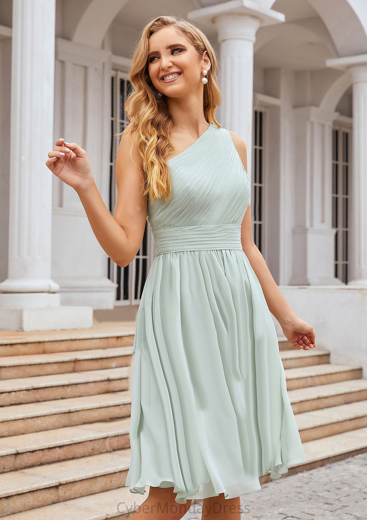 A-line One-Shoulder Sleeveless Chiffon Knee-Length Bridesmaid Dresses With Pleated Hedda DTP0025379