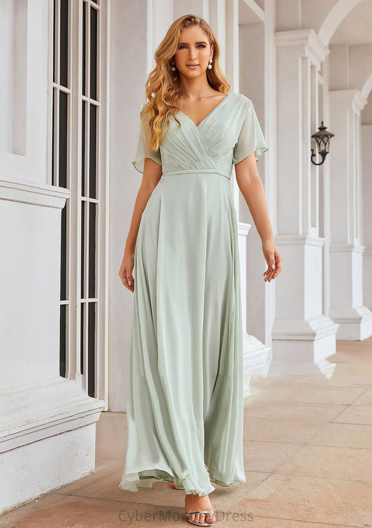 A-line V Neck Short Sleeve Chiffon Long/Floor-Length Bridesmaid Dresses With Pleated Waistband Phoebe DTP0025381