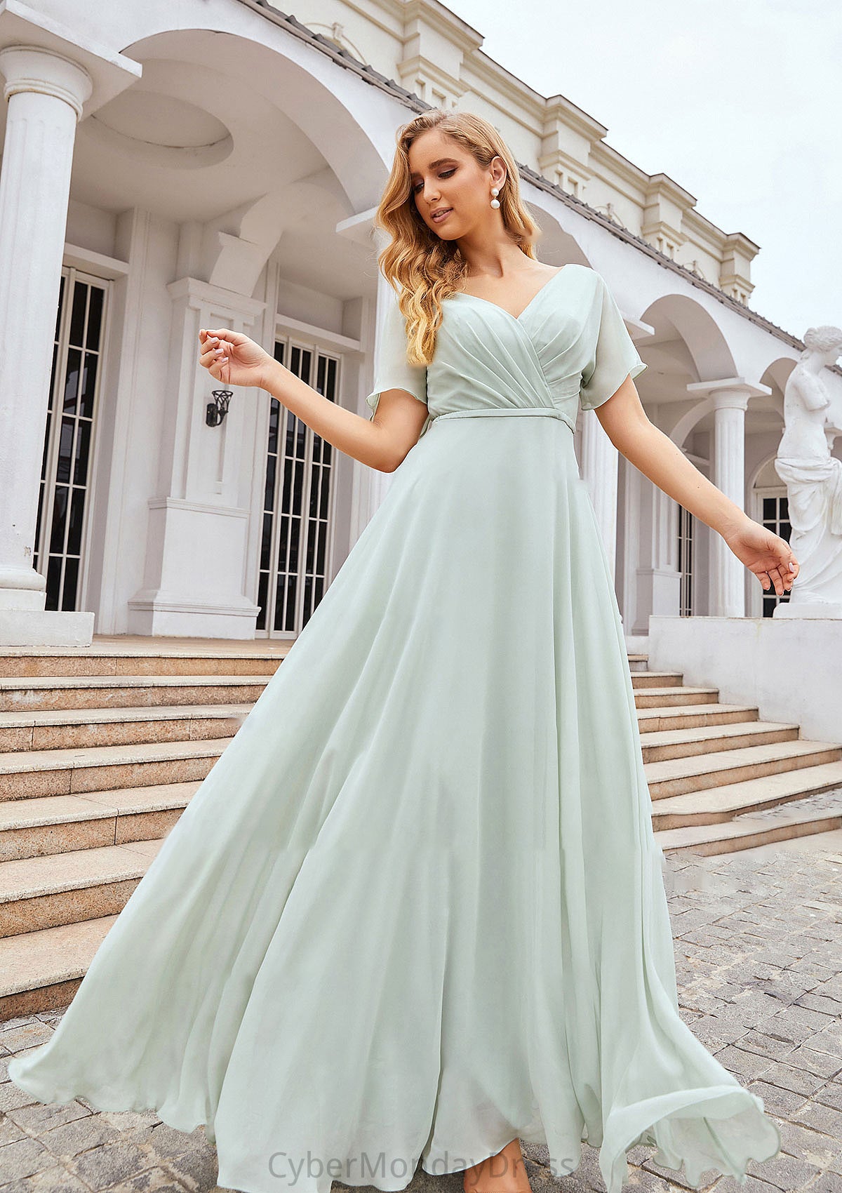 A-line V Neck Short Sleeve Chiffon Long/Floor-Length Bridesmaid Dresses With Pleated Waistband Phoebe DTP0025381