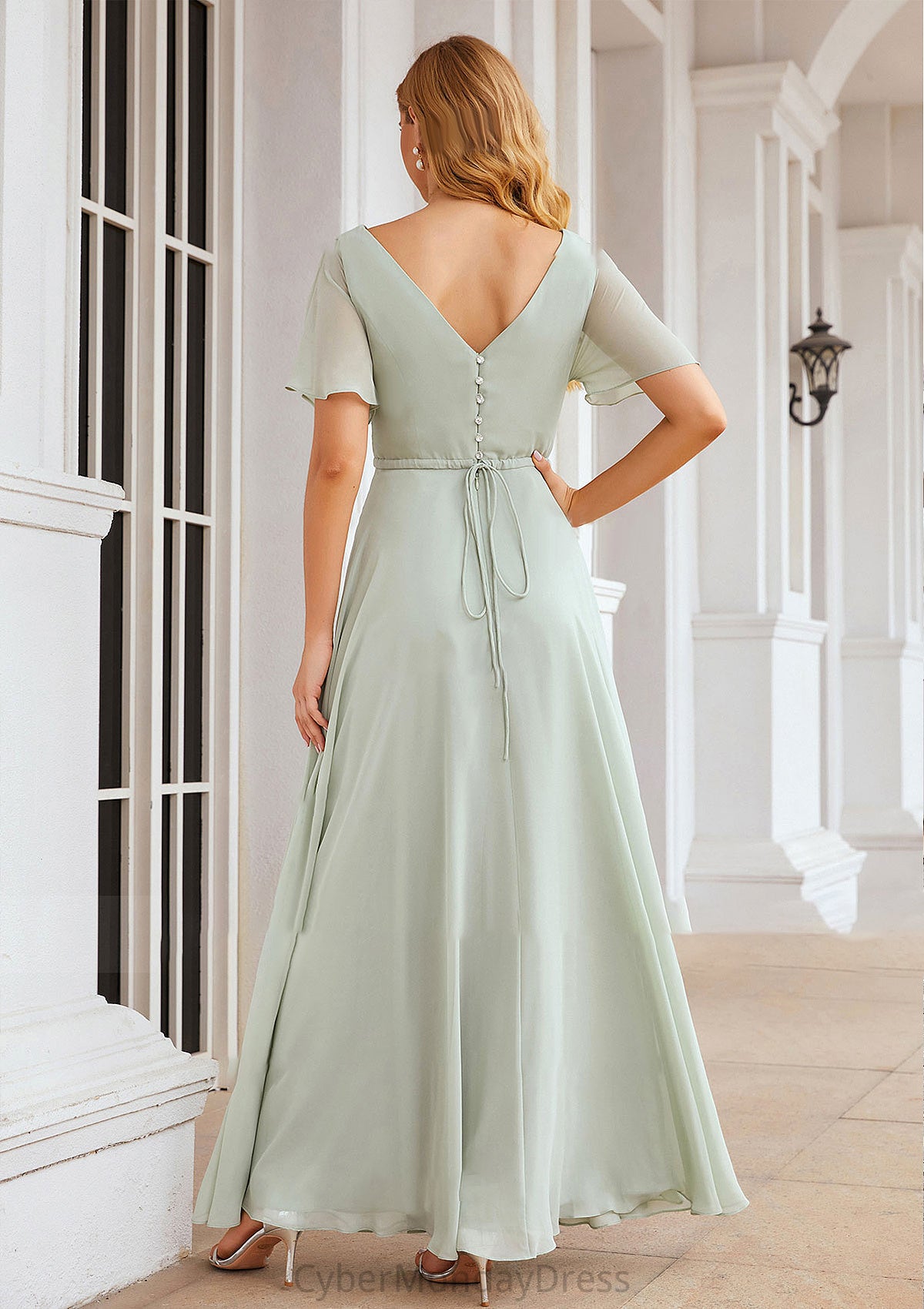 A-line V Neck Short Sleeve Chiffon Long/Floor-Length Bridesmaid Dresses With Pleated Waistband Phoebe DTP0025381