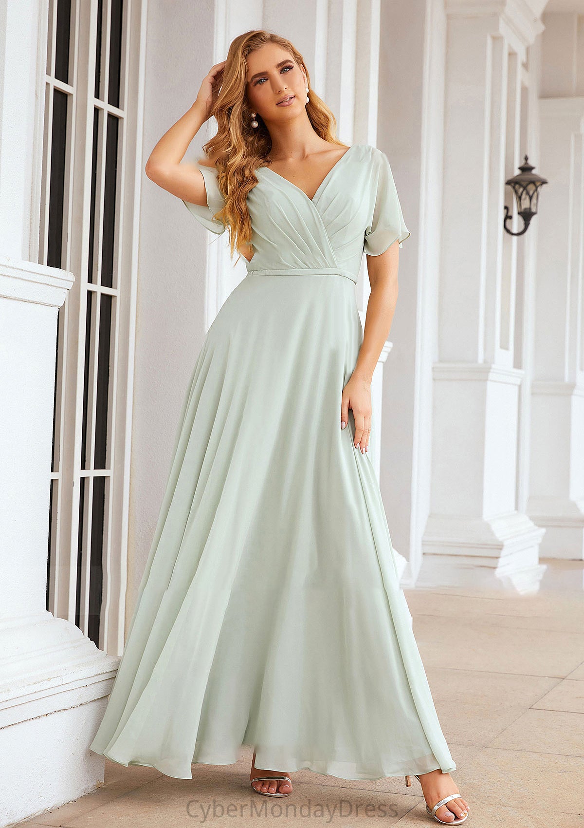 A-line V Neck Short Sleeve Chiffon Long/Floor-Length Bridesmaid Dresses With Pleated Waistband Phoebe DTP0025381