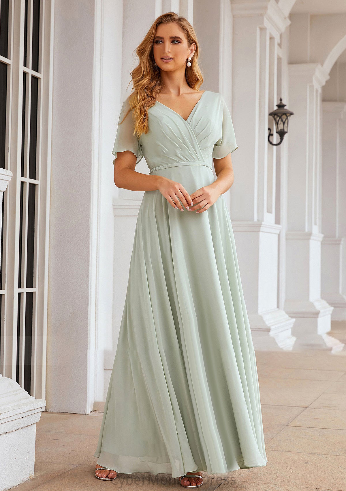 A-line V Neck Short Sleeve Chiffon Long/Floor-Length Bridesmaid Dresses With Pleated Waistband Phoebe DTP0025381