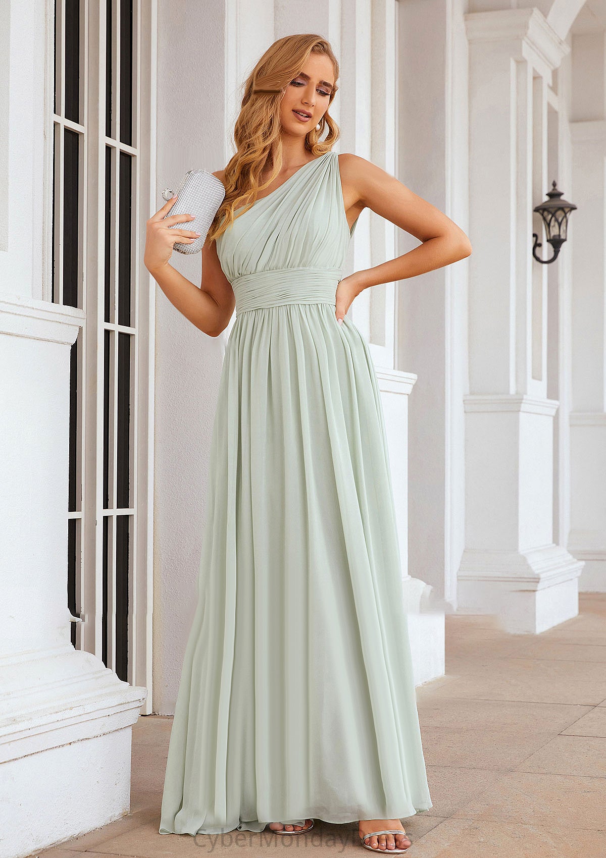 A-line One-Shoulder Sleeveless Chiffon Long/Floor-Length Bridesmaid Dresses With Pleated Kaya DTP0025382