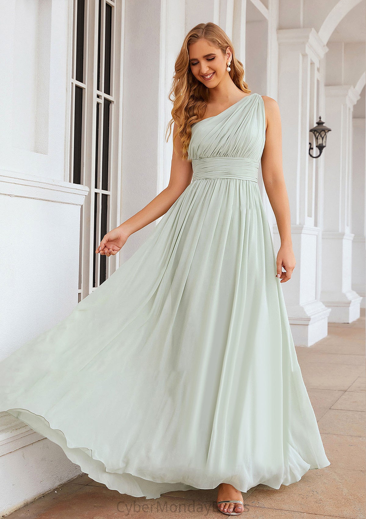 A-line One-Shoulder Sleeveless Chiffon Long/Floor-Length Bridesmaid Dresses With Pleated Kaya DTP0025382