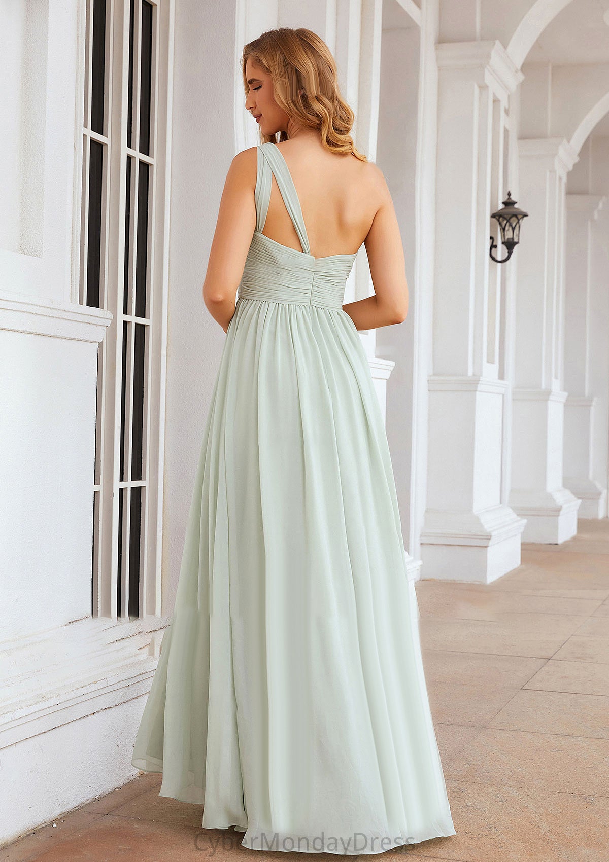 A-line One-Shoulder Sleeveless Chiffon Long/Floor-Length Bridesmaid Dresses With Pleated Kaya DTP0025382