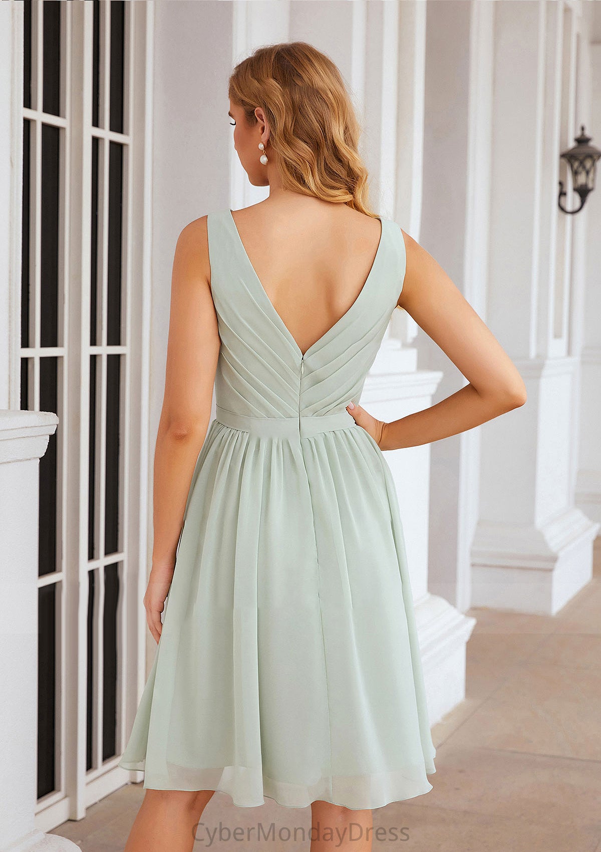 A-line V Neck Sleeveless Chiffon Knee-Length Bridesmaid Dresses With Pleated Waistband Mira DTP0025383