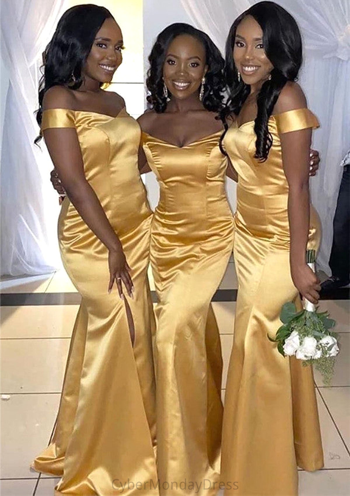 Trumpet/Mermaid Off-the-Shoulder Regular Straps Long/Floor-Length Charmeuse Bridesmaid Dresses With Pleated Split Taniyah DTP0025384