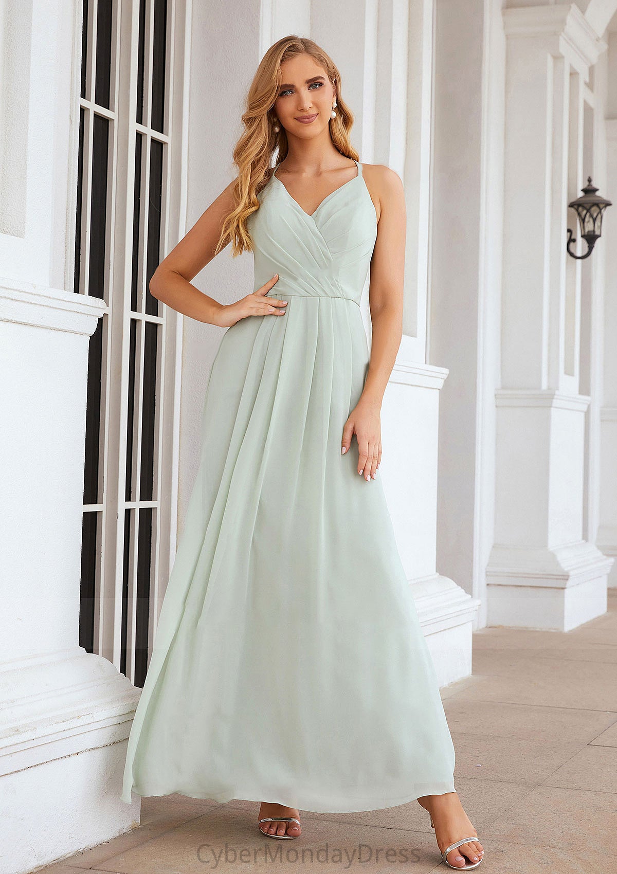 A-line V Neck Sleeveless Chiffon Long/Floor-Length Bridesmaid Dresses With Pleated Liz DTP0025385