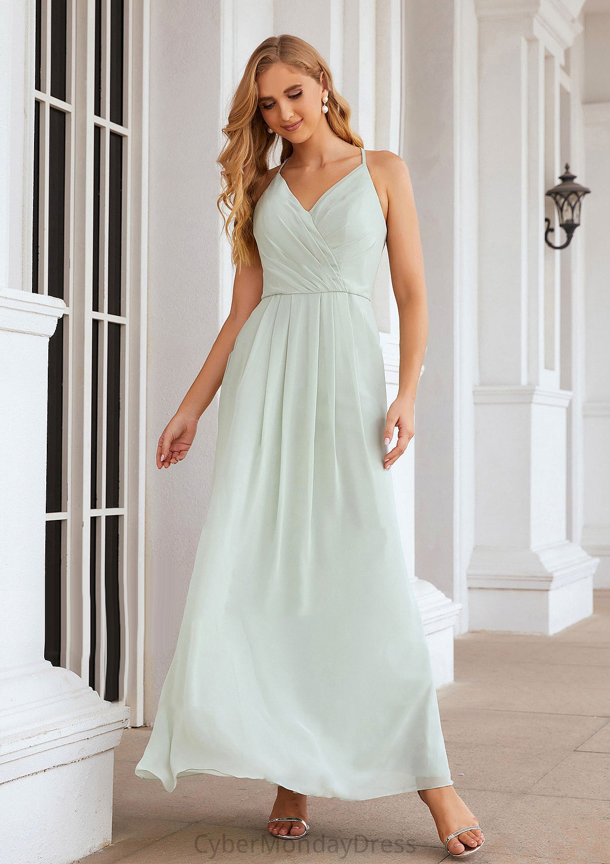 A-line V Neck Sleeveless Chiffon Long/Floor-Length Bridesmaid Dresses With Pleated Liz DTP0025385