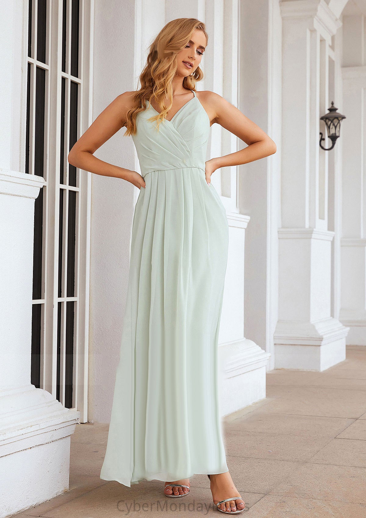 A-line V Neck Sleeveless Chiffon Long/Floor-Length Bridesmaid Dresses With Pleated Liz DTP0025385