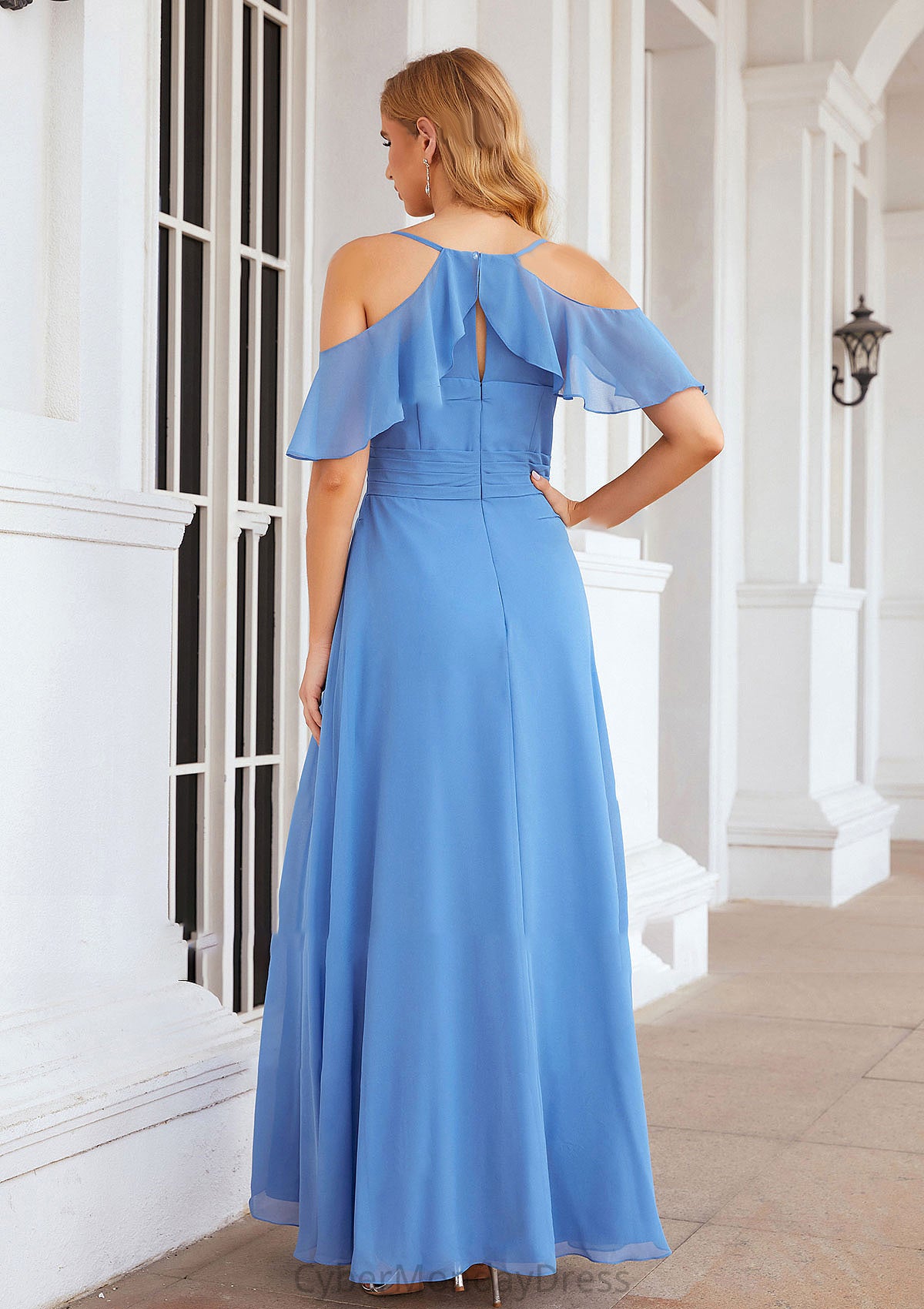 A-line V Neck Sleeveless Chiffon Long/Floor-Length Bridesmaid Dresses With Pleated Split Kathleen DTP0025388