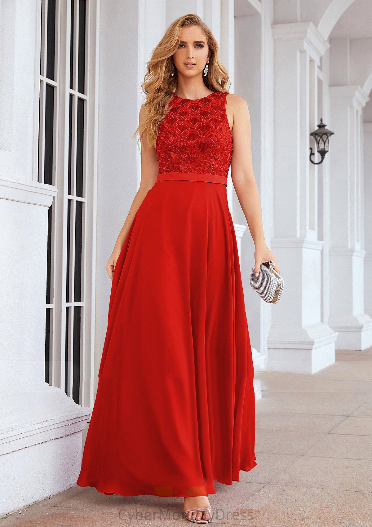 A-line Empire Scalloped Neck Sleeveless Chiffon Long/Floor-Length Bridesmaid Dresses With Beading Sequins Gisselle DTP0025392