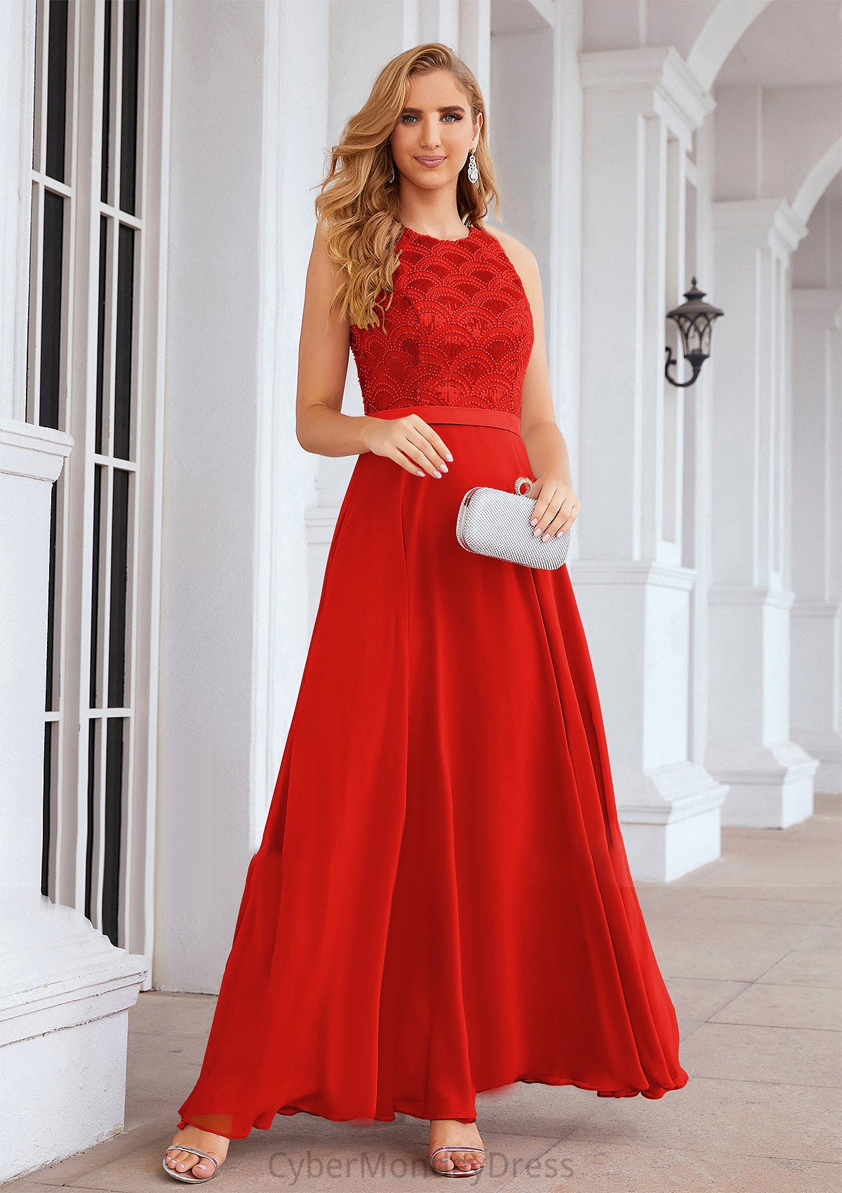 A-line Empire Scalloped Neck Sleeveless Chiffon Long/Floor-Length Bridesmaid Dresses With Beading Sequins Gisselle DTP0025392