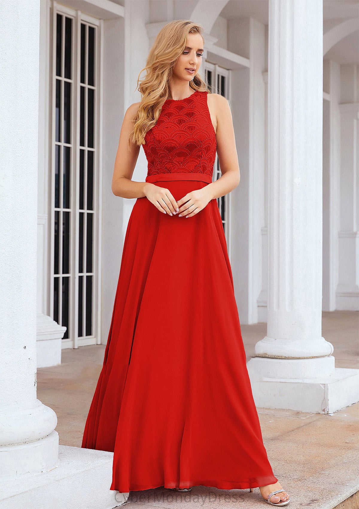 A-line Empire Scalloped Neck Sleeveless Chiffon Long/Floor-Length Bridesmaid Dresses With Beading Sequins Gisselle DTP0025392