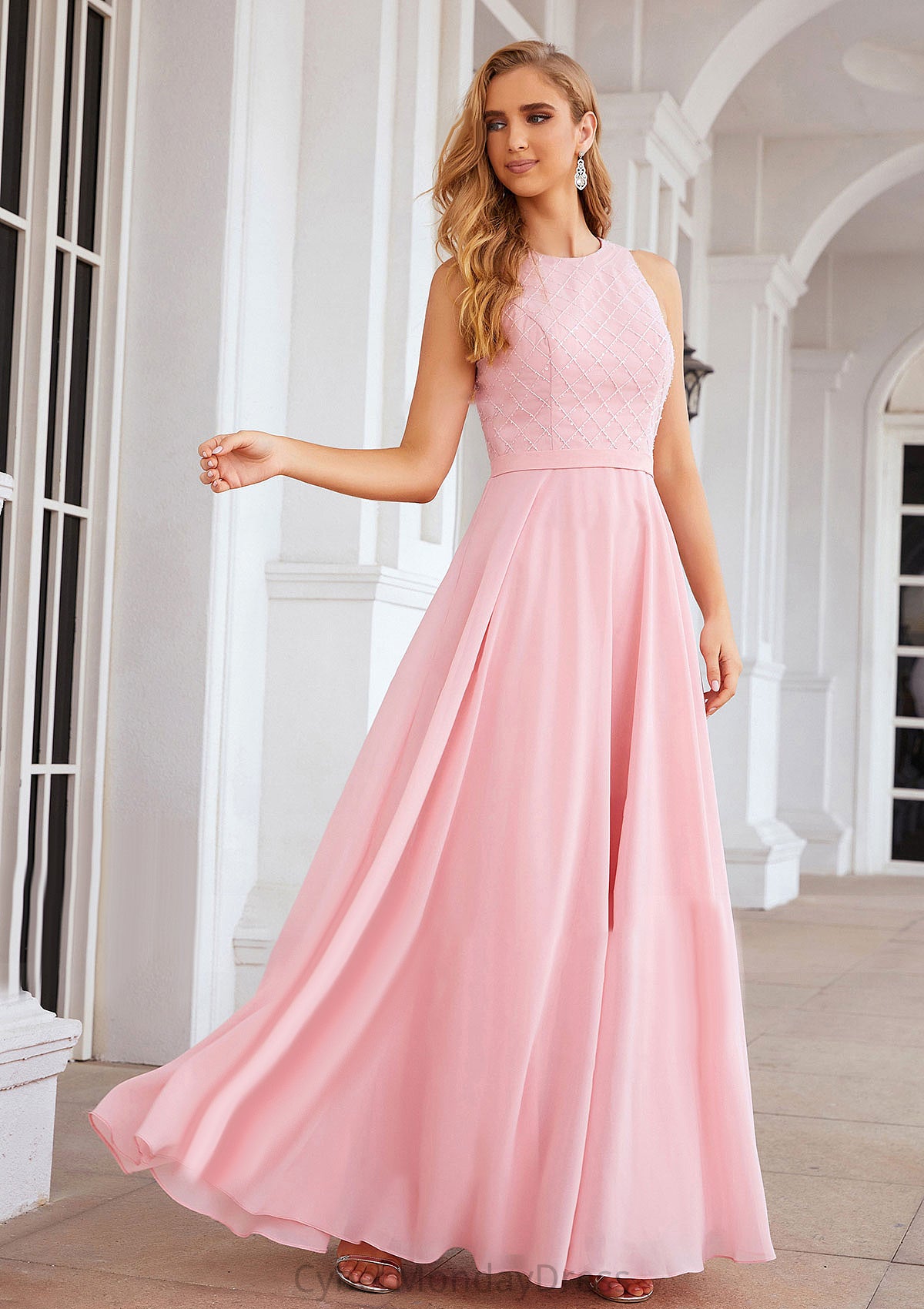 A-line Scalloped Neck Sleeveless Chiffon Long/Floor-Length Bridesmaid Dresses With Beading Shea DTP0025393