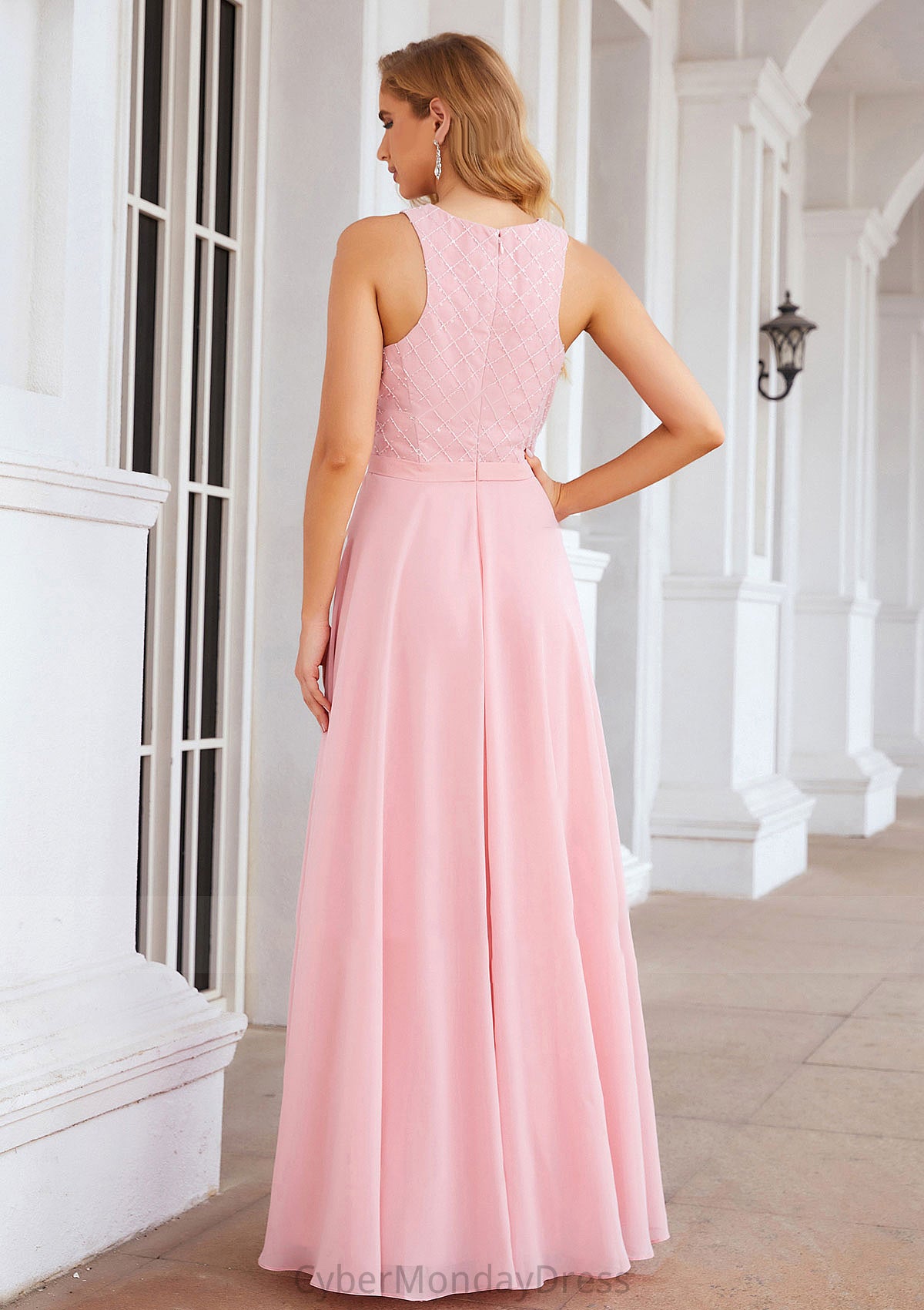 A-line Scalloped Neck Sleeveless Chiffon Long/Floor-Length Bridesmaid Dresses With Beading Shea DTP0025393