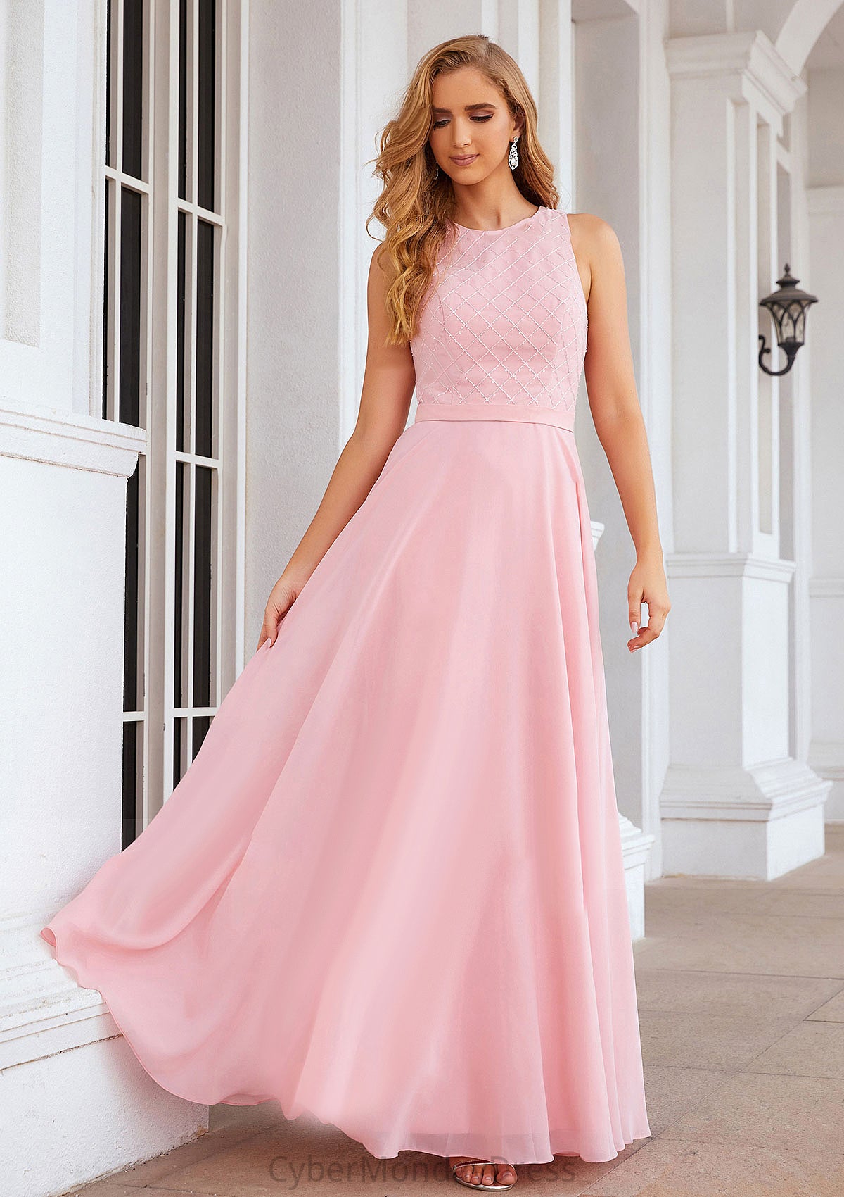 A-line Scalloped Neck Sleeveless Chiffon Long/Floor-Length Bridesmaid Dresses With Beading Shea DTP0025393