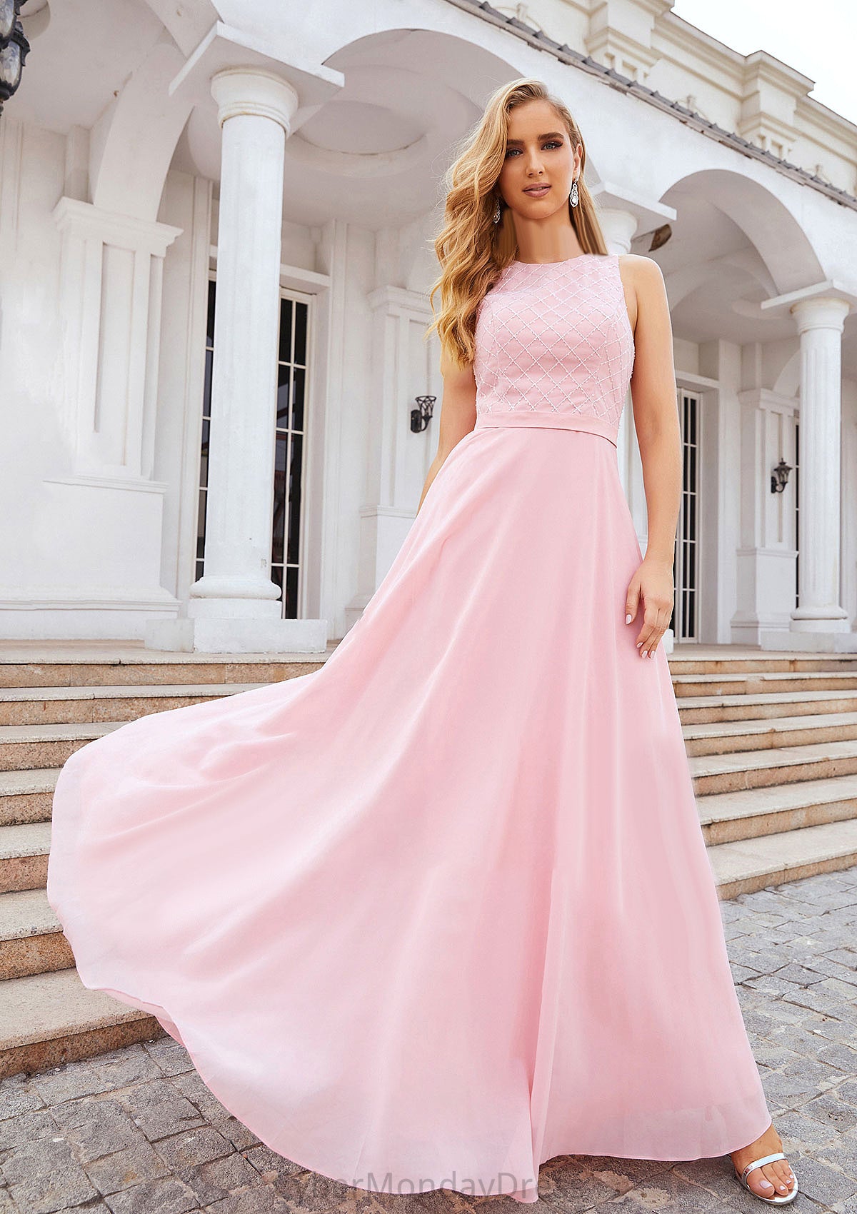 A-line Scalloped Neck Sleeveless Chiffon Long/Floor-Length Bridesmaid Dresses With Beading Shea DTP0025393