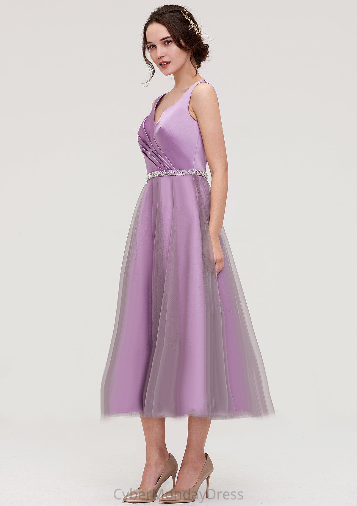 V Neck Sleeveless Tulle Tea-Length A-line/Princess Bridesmaid Dresses With Waistband Beading Pleated Christina DTP0025395