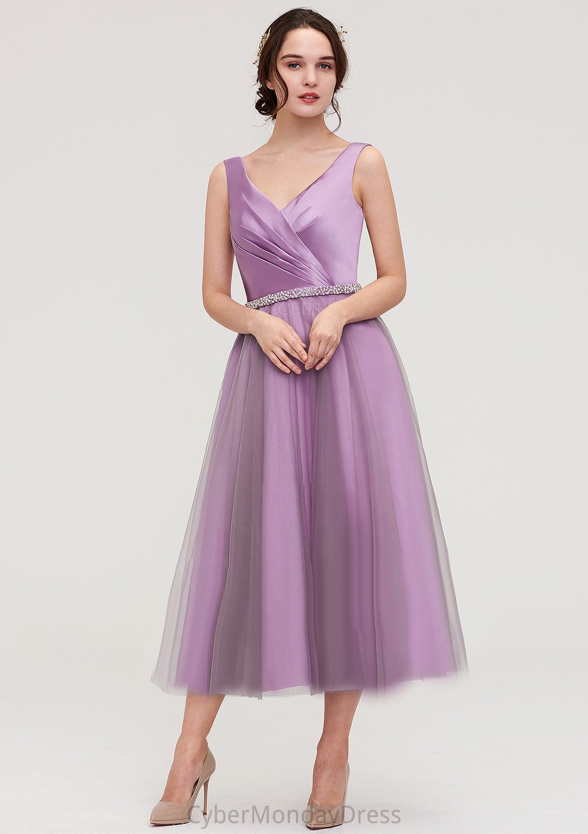 V Neck Sleeveless Tulle Tea-Length A-line/Princess Bridesmaid Dresses With Waistband Beading Pleated Christina DTP0025395